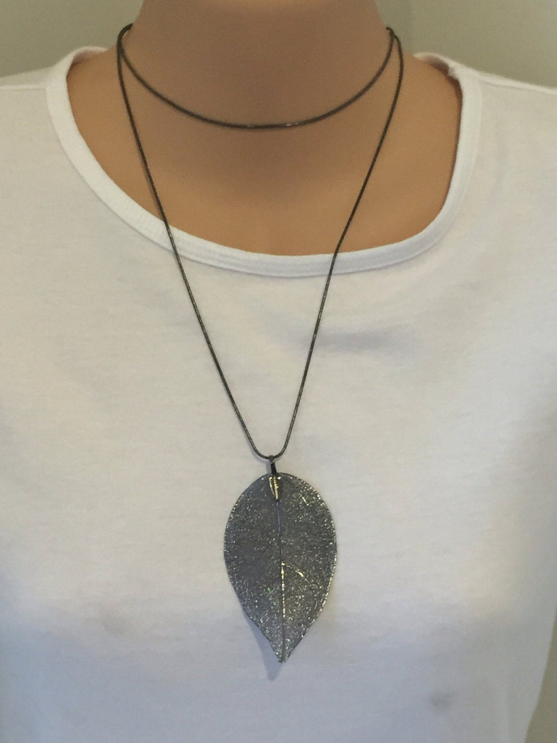 Real leaf necklace in gun metal