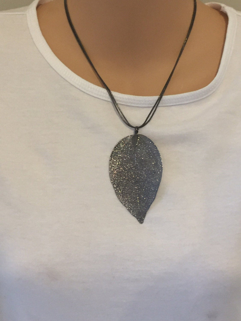 Real leaf necklace in gun metal