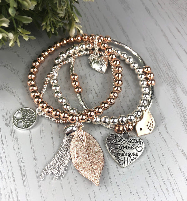 Rose gold cluster bracelet with a real leaf