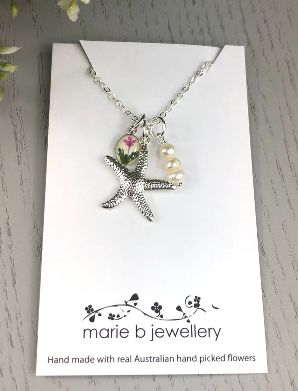 Silver star fish necklace with real australian hand picked flowers
