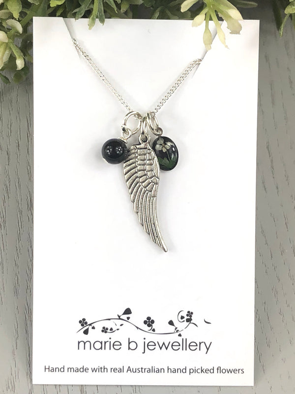 Angel wing necklace with real Australian hand picked flowers