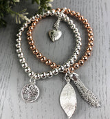 Silver & rose gold real leaf bracelet set