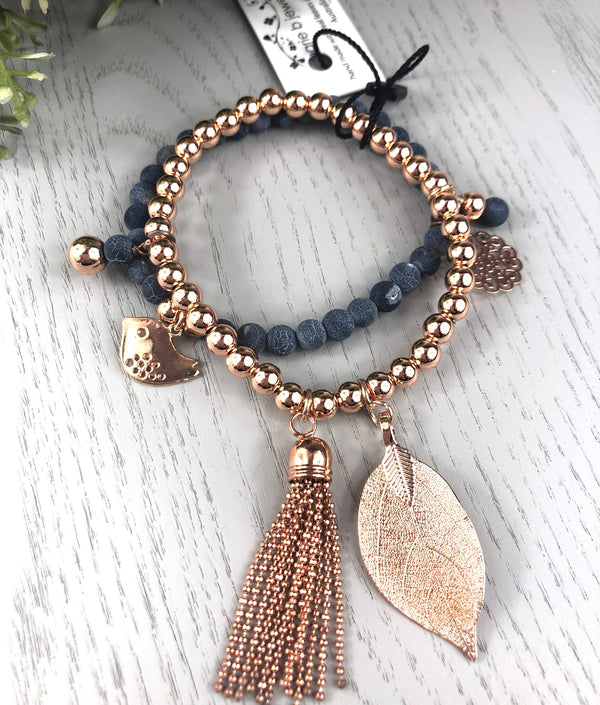 Rose Gold bracelet set with a real leaf