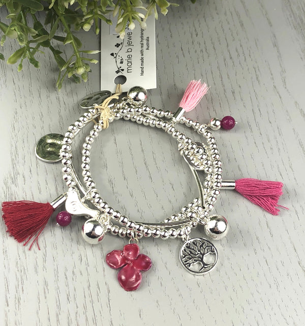 Silver charm bracelet with real hydrangea flower