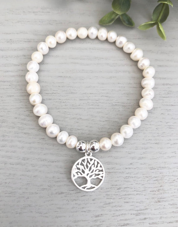 Fresh water pearls & tree of life sterling silver bracelet